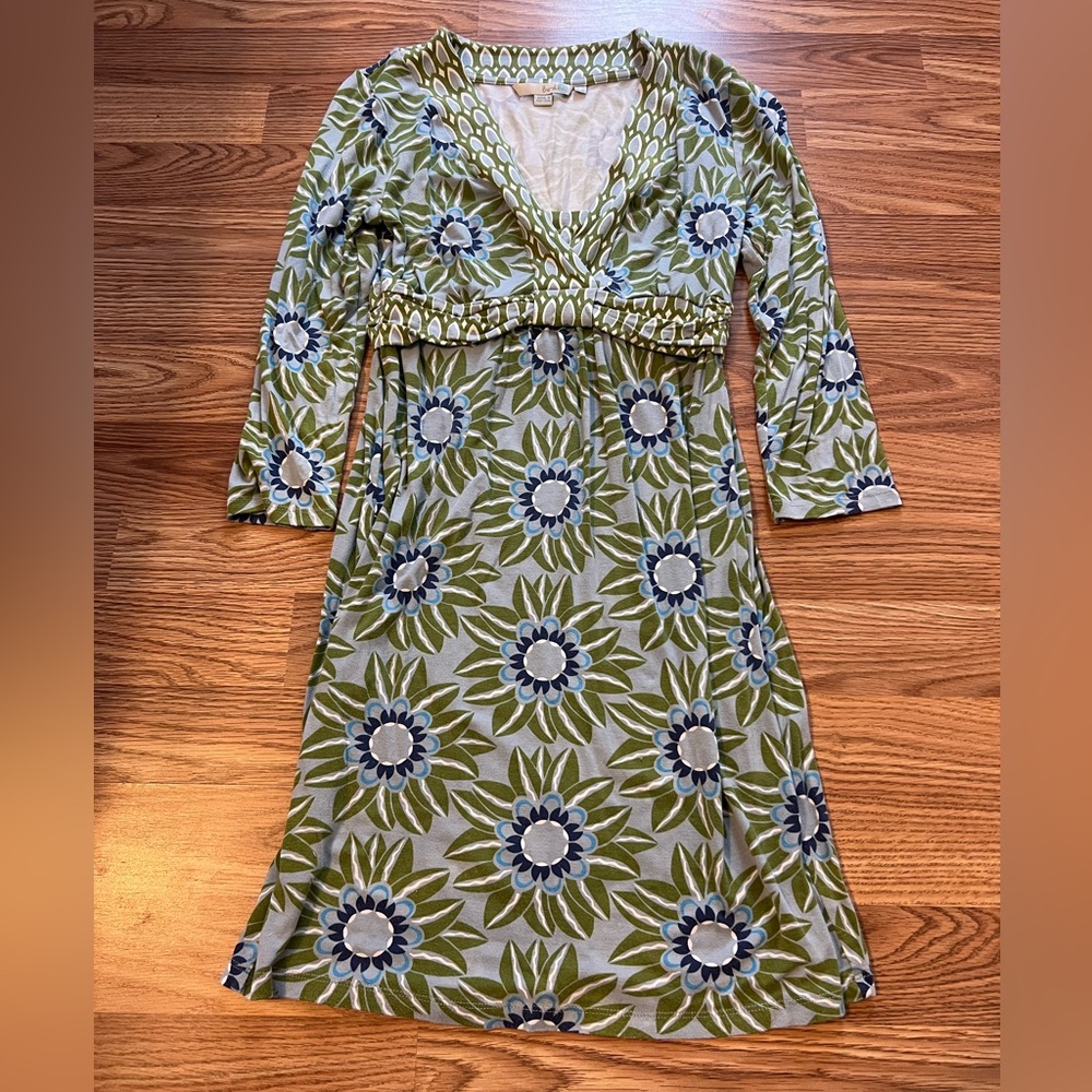 Boden Stretch Teeshirt Dress Jersey 3/4 Sleeve Blue Green Floral Pattern Women 4